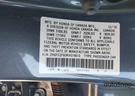 2019 Honda Civic Lx z USA, uszkodzony, nr VIN 2HGFC2F60KH519610